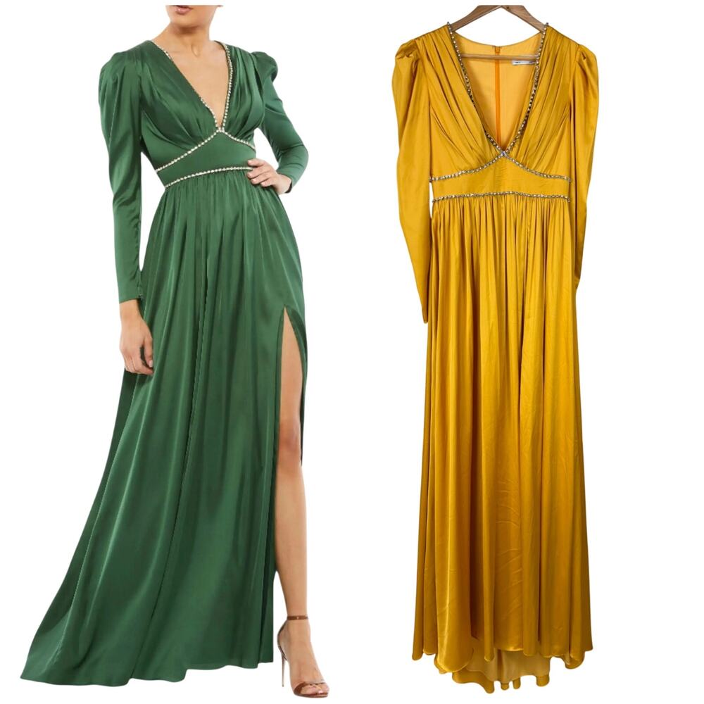 Mac Duggal NWT Satin Puff Shoulder Rhinestone Encrusted Dress Gold Yellow Size 2